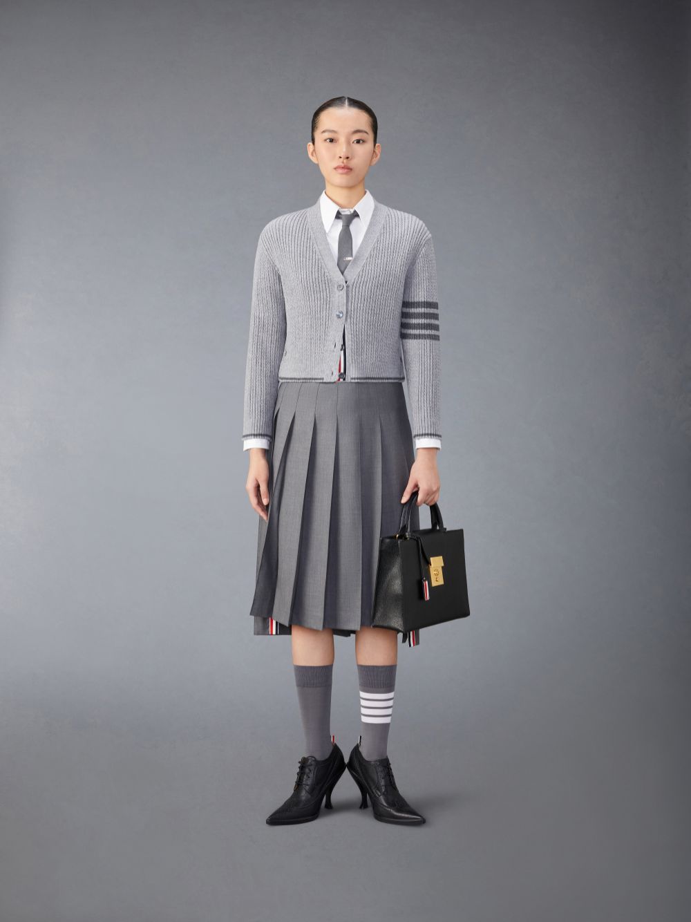 Cárdigan Thom Browne Merino Wool 4-Bar Cropped Mujer Gris | XHW15G55413