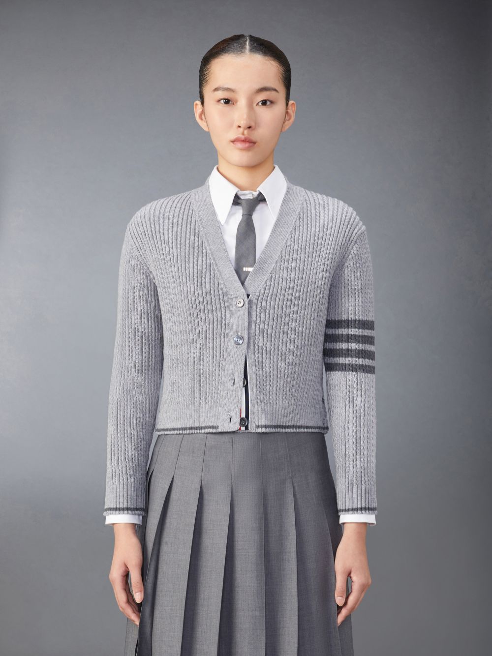 Cárdigan Thom Browne Merino Wool 4-Bar Cropped Mujer Gris | XHW15G55413