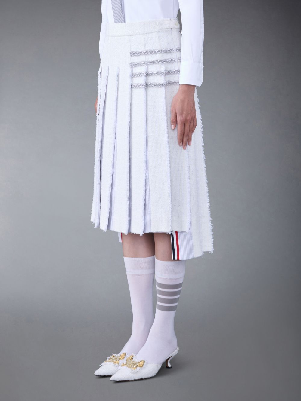 Falda Thom Browne Classic Tweed Braided Tipping Pleated Mujer Blancas | CWF57S80731