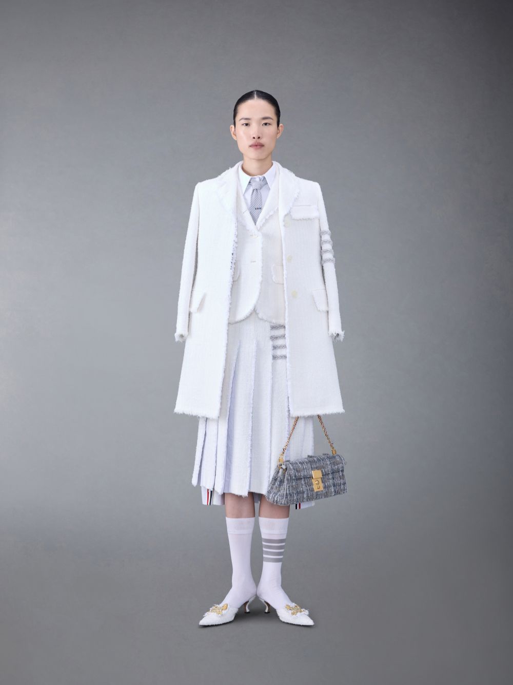 Falda Thom Browne Classic Tweed Braided Tipping Pleated Mujer Blancas | CWF57S80731