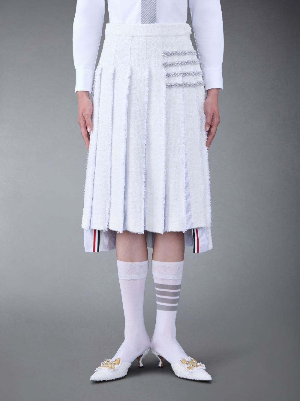 Falda Thom Browne Classic Tweed Braided Tipping Pleated Mujer Blancas | CWF57S80731