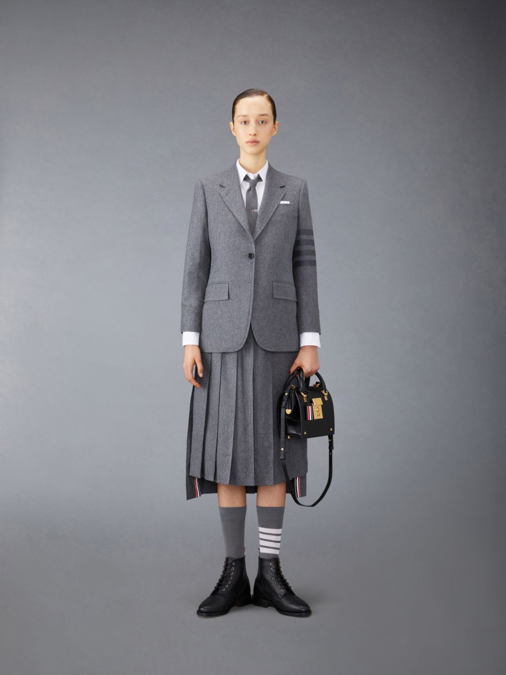 Falda Thom Browne Flannel 4-Bar Pleated Midi Mujer Gris | DOK99J01368