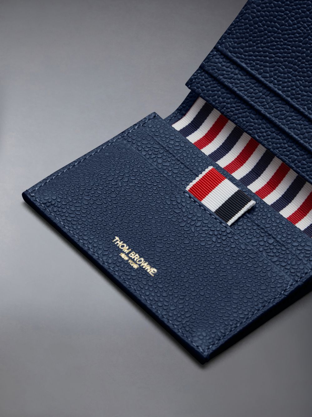 Porta Tarjetas Thom Browne Double in Pebble Grain Leather Mujer Azules | YLD65L00921