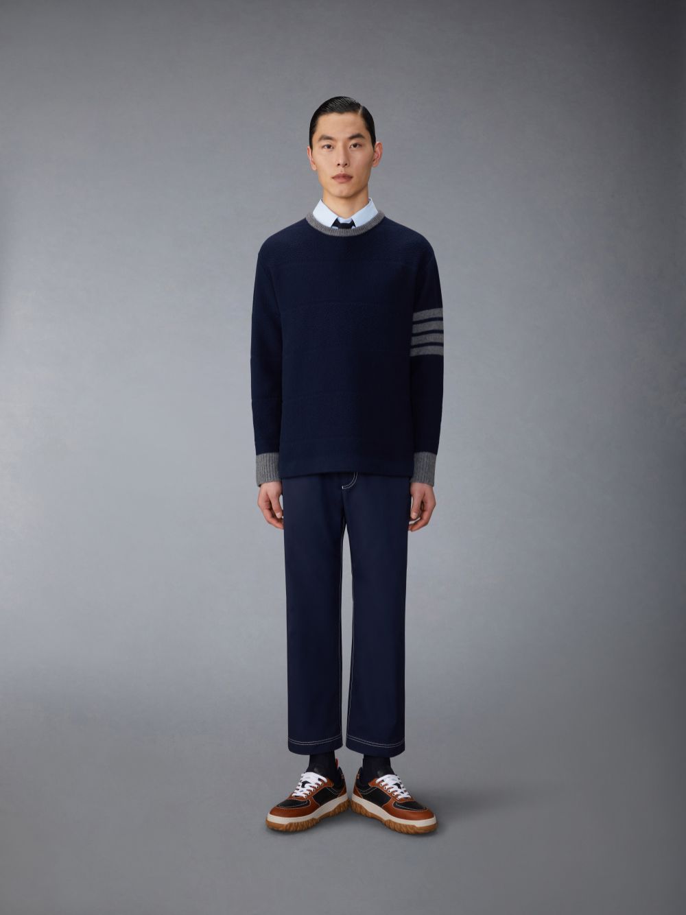 Pullover Thom Browne Merino Wool 4-Bar Textured Rugby Stripe Crew Neck Hombre Azules | MCU37X14652