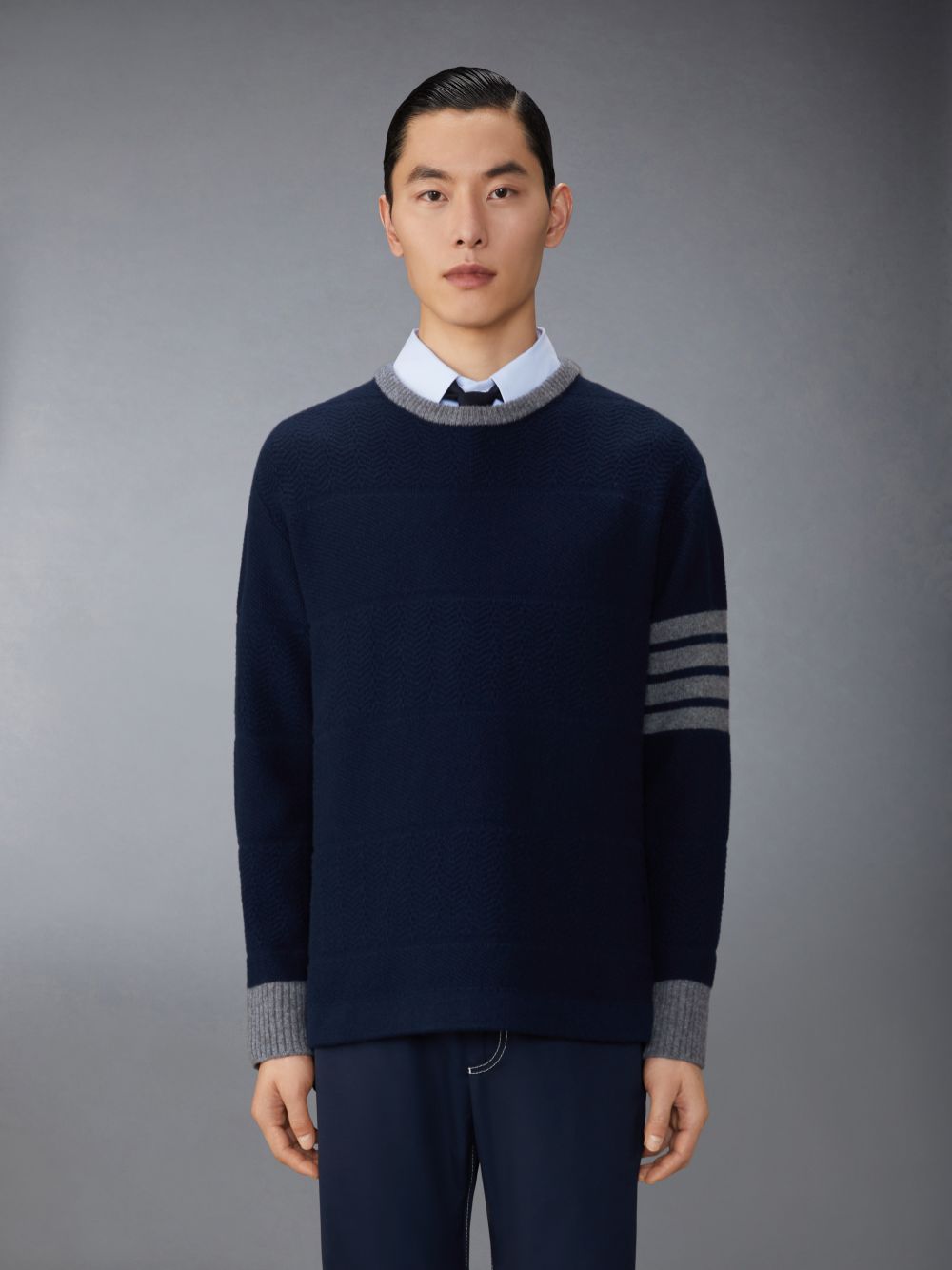 Pullover Thom Browne Merino Wool 4-Bar Textured Rugby Stripe Crew Neck Hombre Azules | MCU37X14652