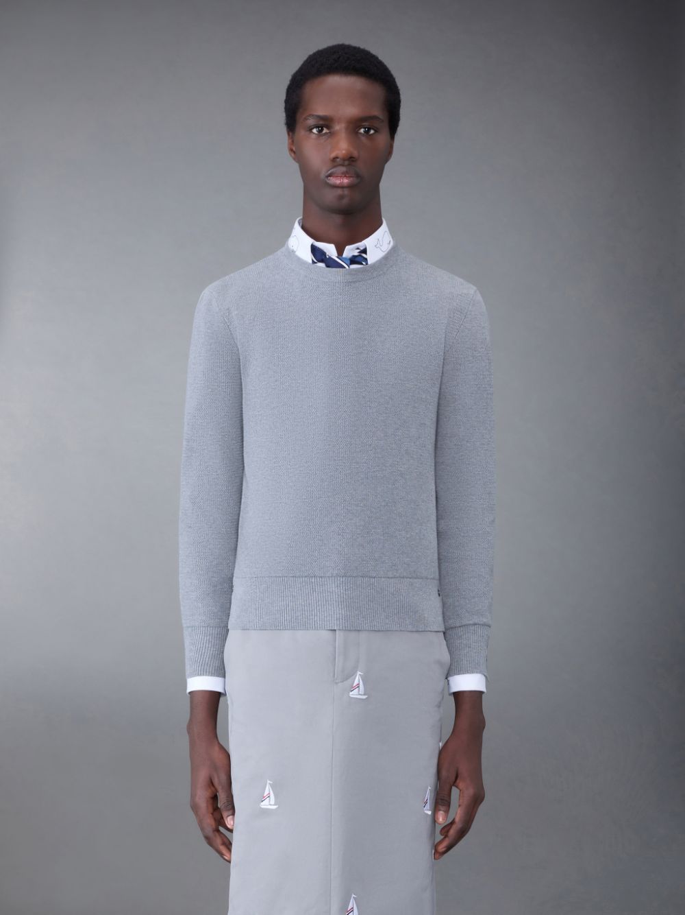 Pullover Thom Browne Textured Cotton Stripe Crew Neck Hombre Gris | WGC40D71450