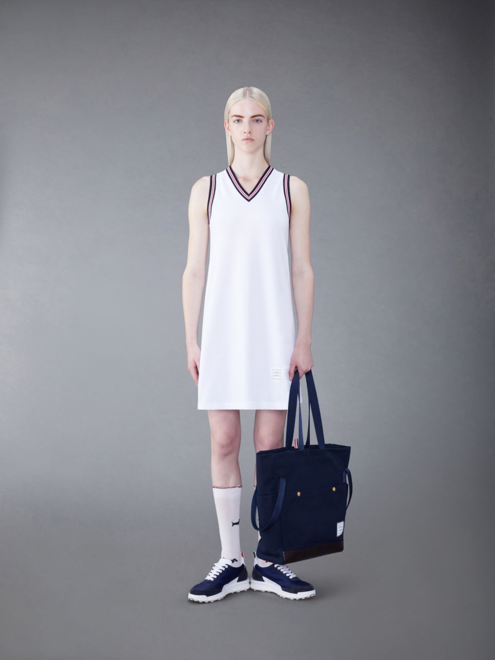 Vestido Thom Browne Classic Pique Stripe V-Neck Tennis Mujer Blancas | WCA09M34164