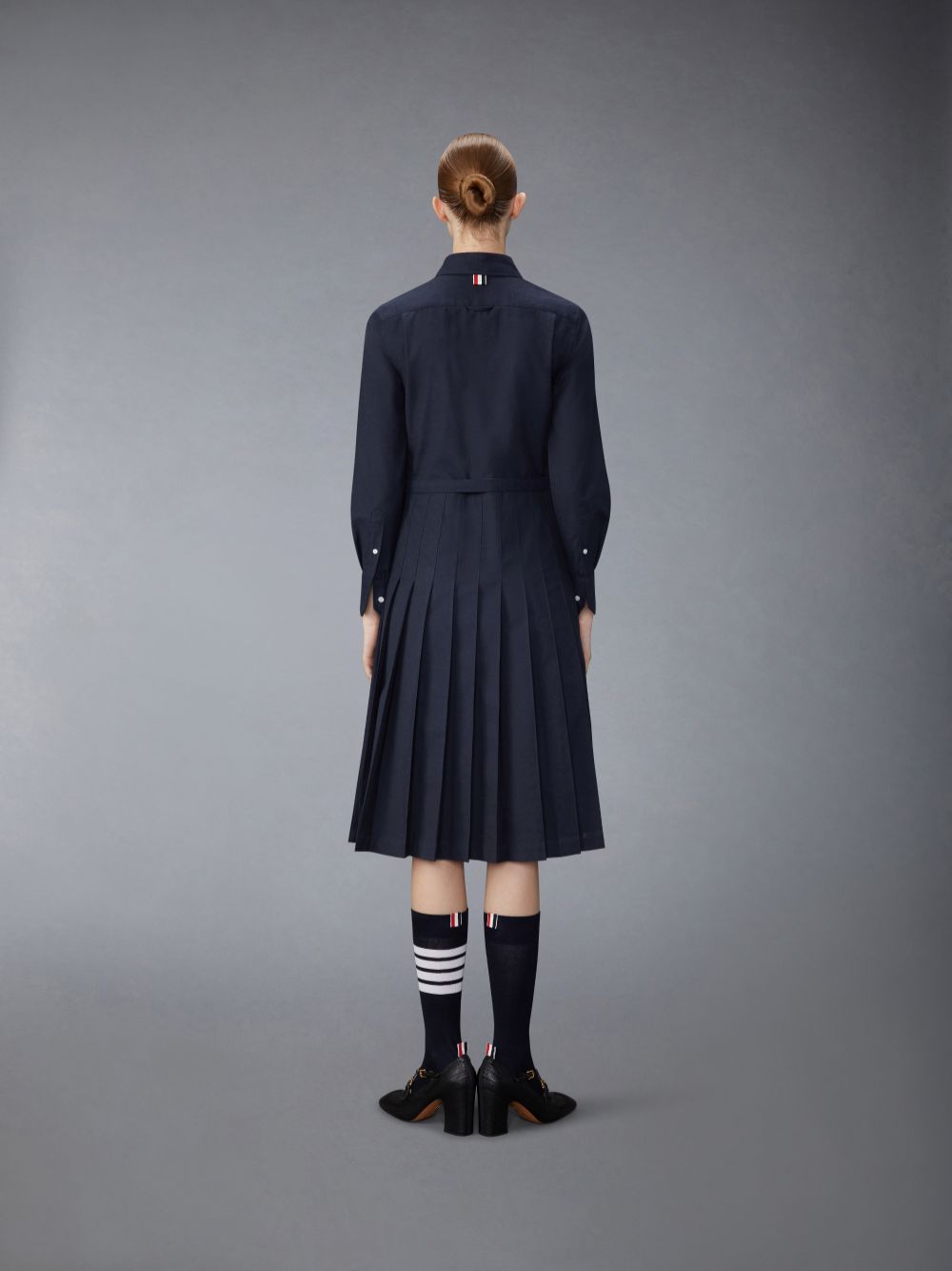 Vestido Thom Browne Stripe Cotton Flannel Midi Pleated Bottom Belted Mujer Azules | AXR17I35028
